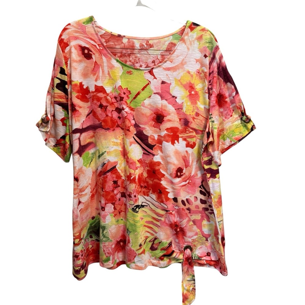 CATHERINE'S 2X 22/24W Pink Floral Tee Top Short Sleeves Soft‎ Comfy Tie at Hem